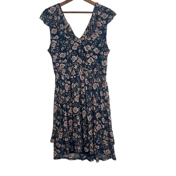 American Rag Floral V Neck Ruffle Sleeveless A Line Dress Navy Blue Large - Picture 1 of 7